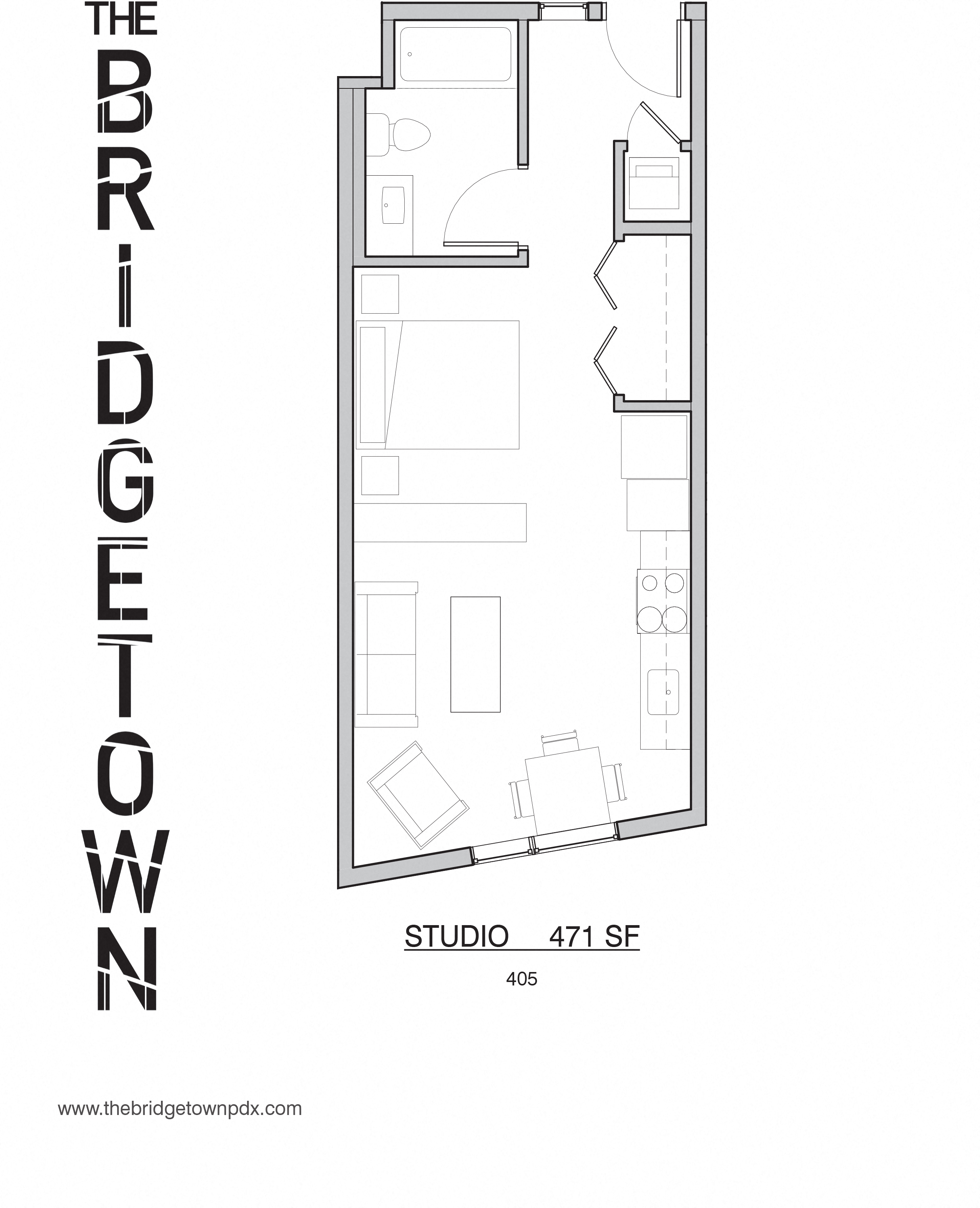 Floor plan for studio, 1 bath, 471 sqft